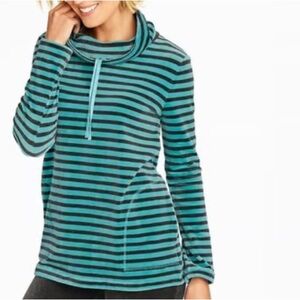 Talbots Velour Teal Blue Black Stripe Cowl Neck Super Soft Pocket Sweater Medium